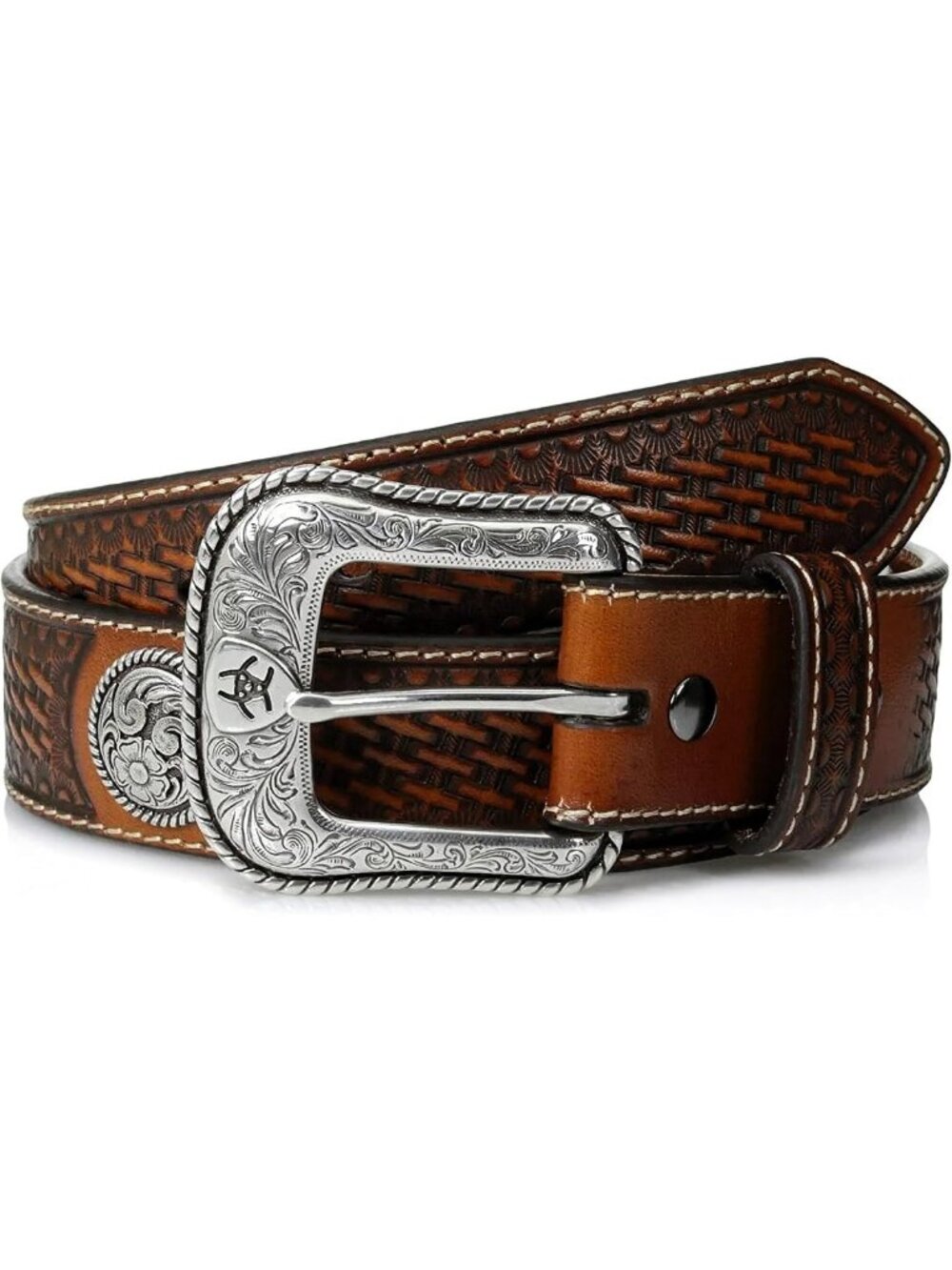 Stylish Men's Western Leather Belt with Floral Conchos & Removable Silver Buckle